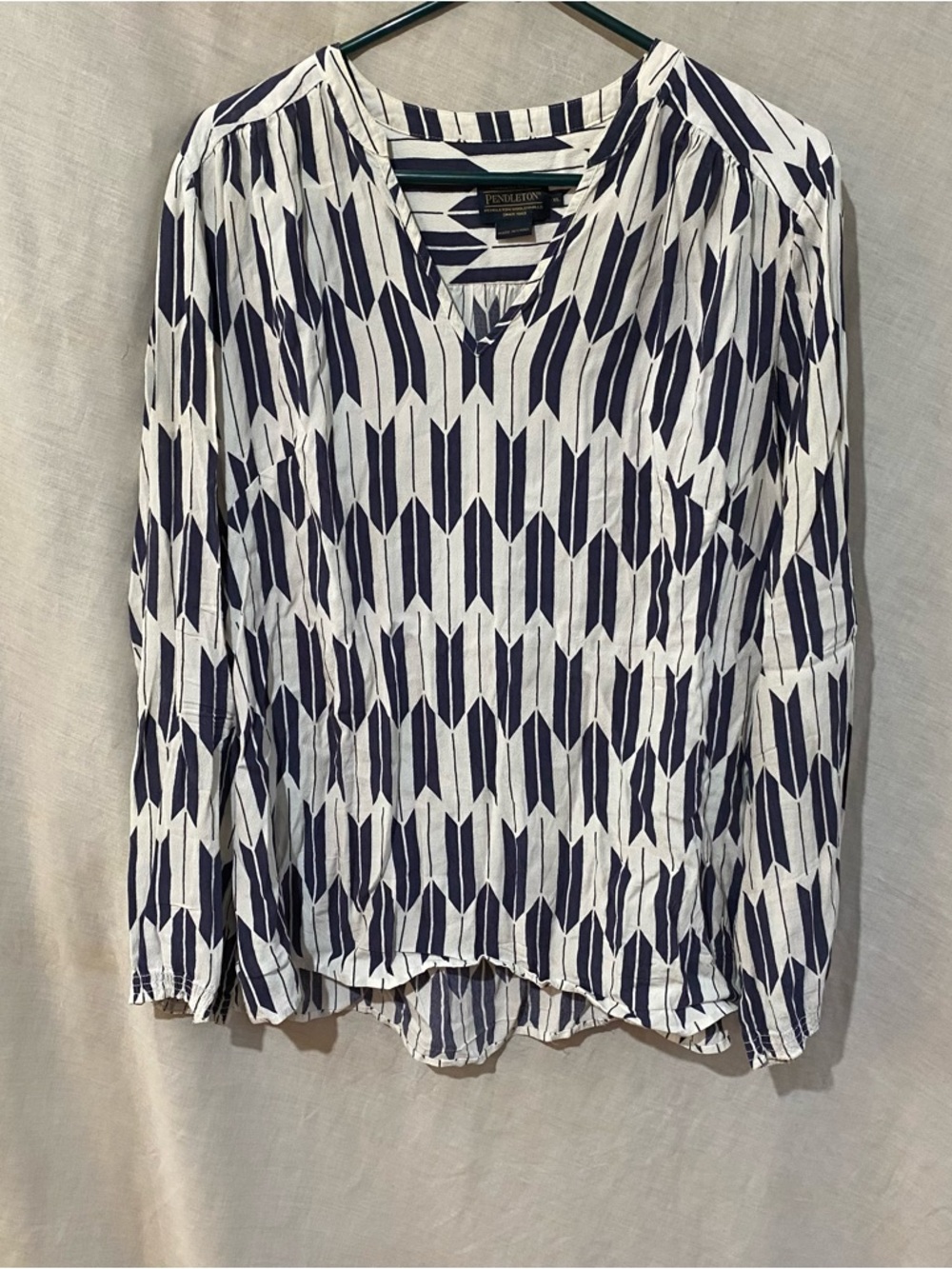 Pendleton Navy & White Geometric V-Neck Pintuck Blouse